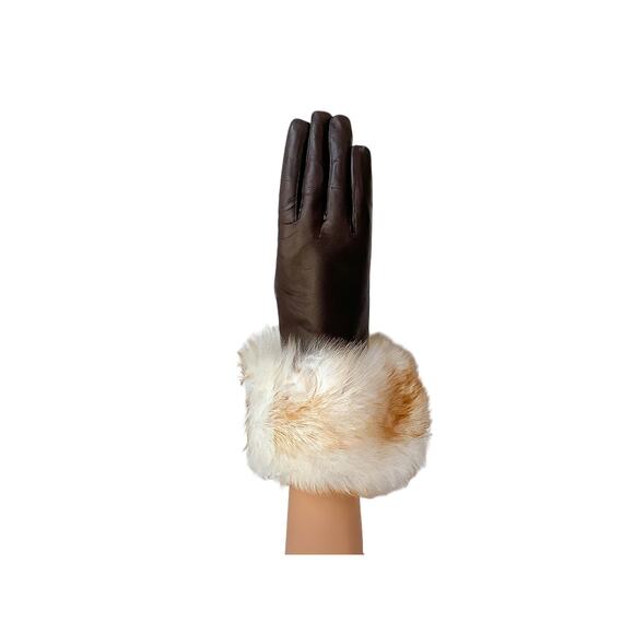 1970s Jordan Marsh Chocolate Brown Leather & Fox Fur Cuffs Women's Formal Gloves - Picture 3 of 8